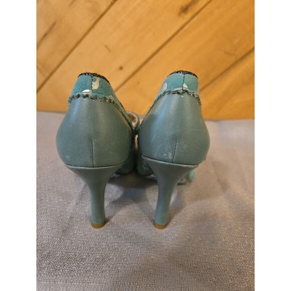 Irregular Choice Heart Skull Heels Sz 7.5 Teal Silver Suede Snap Buttom - Picture 3 of 10